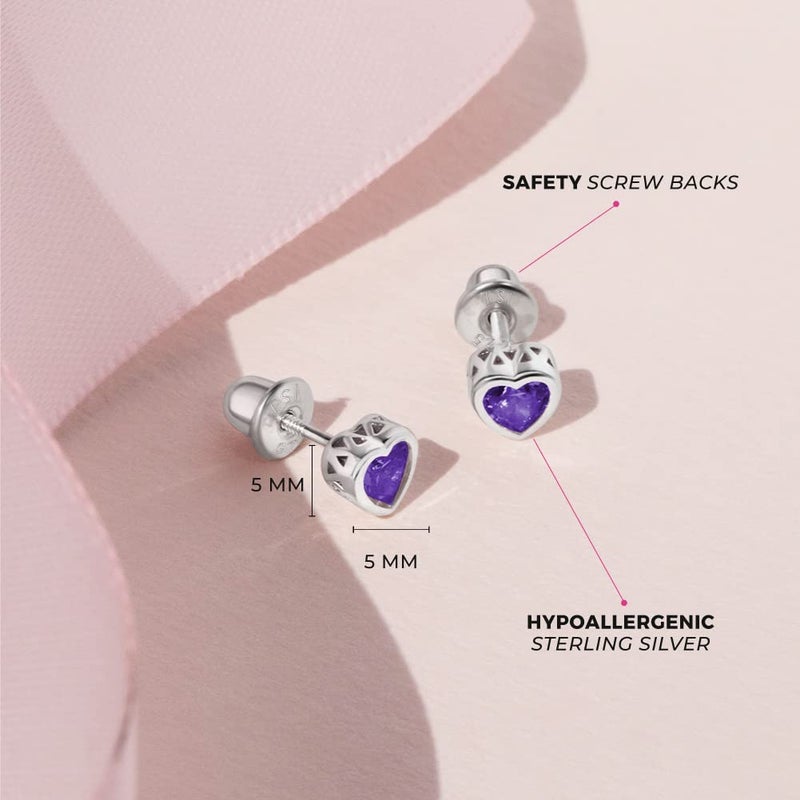 In Season Jewelry 925 Sterling Silver 5mm Simulated Amethyst Birthstone Heart Screw Back Earrings for Toddlers & Little Girls - Heart Screw Back Earrings for Children - Purple CZ Heart Earrings for February Birthday - Image 4