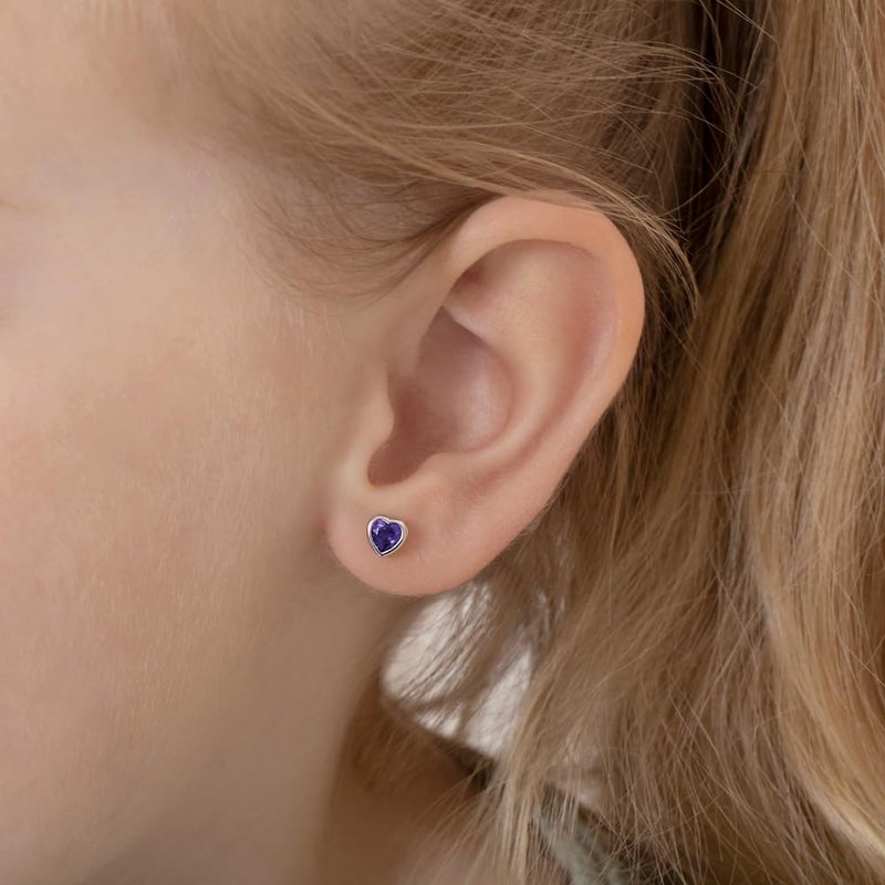 In Season Jewelry 925 Sterling Silver 5mm Simulated Amethyst Birthstone Heart Screw Back Earrings for Toddlers & Little Girls - Heart Screw Back Earrings for Children - Purple CZ Heart Earrings for February Birthday - Image 3