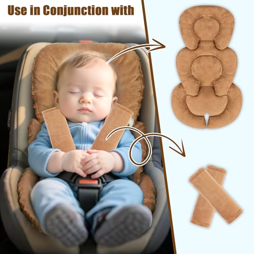 GFU Infant Car Seat Insert Head and Body Support, Reversible Newborn Insert for Carseat with Strap Pads, Soft Stroller Cushion Pillow Insert for Boys and Girls, Fits for Stroller, Swing, Brown - Image 4