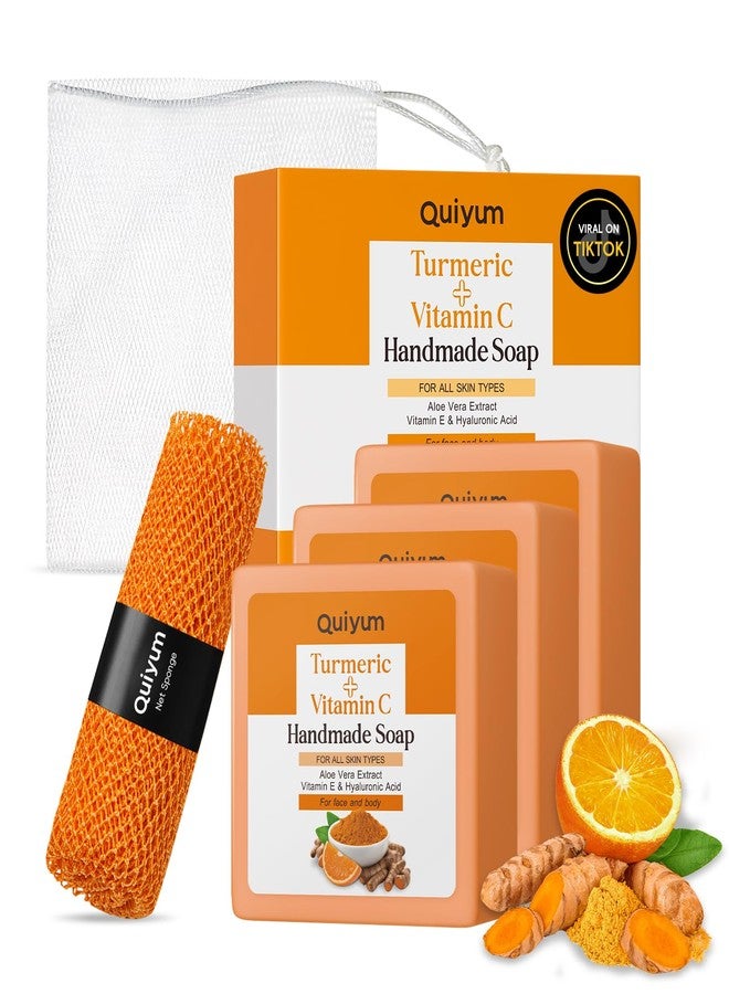 QUIYUM Natural Turmeric Soap Bar for Dark Spot- Vitamin C Dark Spot Remover for Face, Skin Care Sets, Facial Skin Care Products, Even Skin Tone, 3 Pack with African Net Sponge (3.53 Oz/Pcs) - Image 1