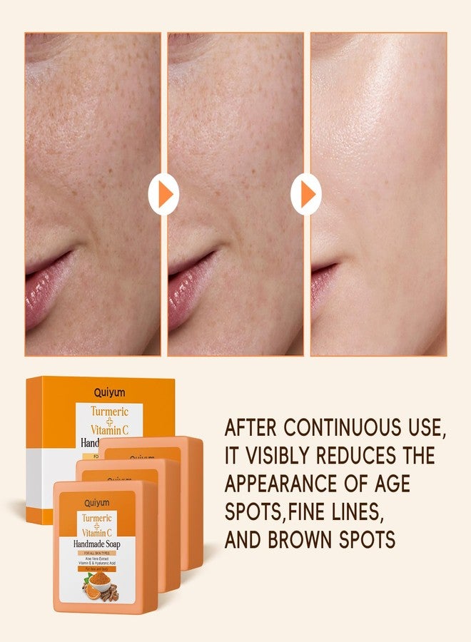 QUIYUM Natural Turmeric Soap Bar for Dark Spot- Vitamin C Dark Spot Remover for Face, Skin Care Sets, Facial Skin Care Products, Even Skin Tone, 3 Pack with African Net Sponge (3.53 Oz/Pcs) - Image 2