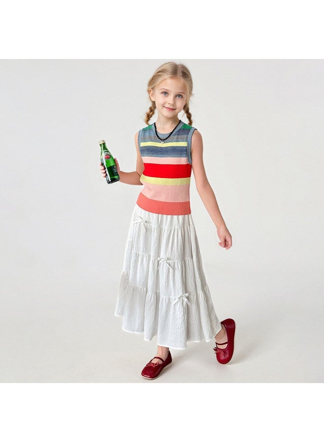 Bumblebee Girls Summer Sleeveless Skirt Set 2025 New Fashion Rainbow Stripe Vest Tiered Skirt Two-piece Outfit - Image 5