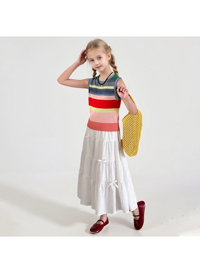 Bumblebee Girls Summer Sleeveless Skirt Set 2025 New Fashion Rainbow Stripe Vest Tiered Skirt Two-piece Outfit - Image 4
