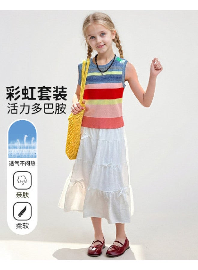 Bumblebee Girls Summer Sleeveless Skirt Set 2025 New Fashion Rainbow Stripe Vest Tiered Skirt Two-piece Outfit - Image 1