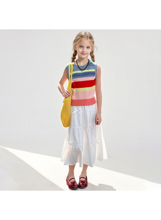 Bumblebee Girls Summer Sleeveless Skirt Set 2025 New Fashion Rainbow Stripe Vest Tiered Skirt Two-piece Outfit - Image 3