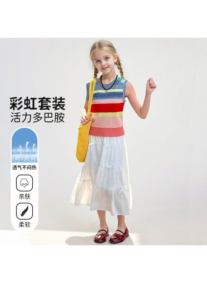 Bumblebee Girls Summer Sleeveless Skirt Set 2025 New Fashion Rainbow Stripe Vest Tiered Skirt Two-piece Outfit - Image 2