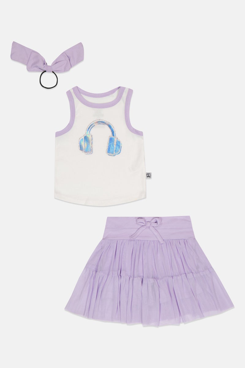 Kidzpro Kids Girl 3 Pcs Textured Tank Top And Skort With Ponytail Set, Multicolor - Image 2