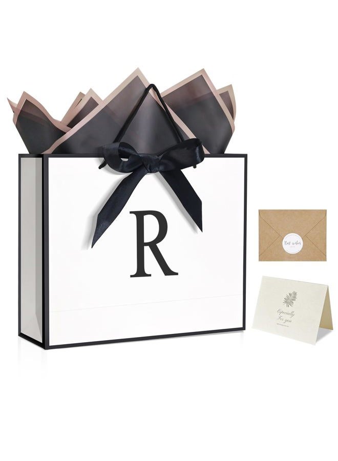 QLSKO Personalized Gift Wrap Bag Set, Monogrammed Initial, Card, Envelope, Sticker, Ribbon, Tissue (White, R-Medium) - Image 1