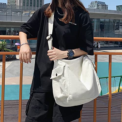Youjaree Canvas Tote Bag Hobo Crossbody Handbag Big Capacity Messenger Bag with Multiple Pockets Casual Shoulder Bag for Women Men (White) - Image 2