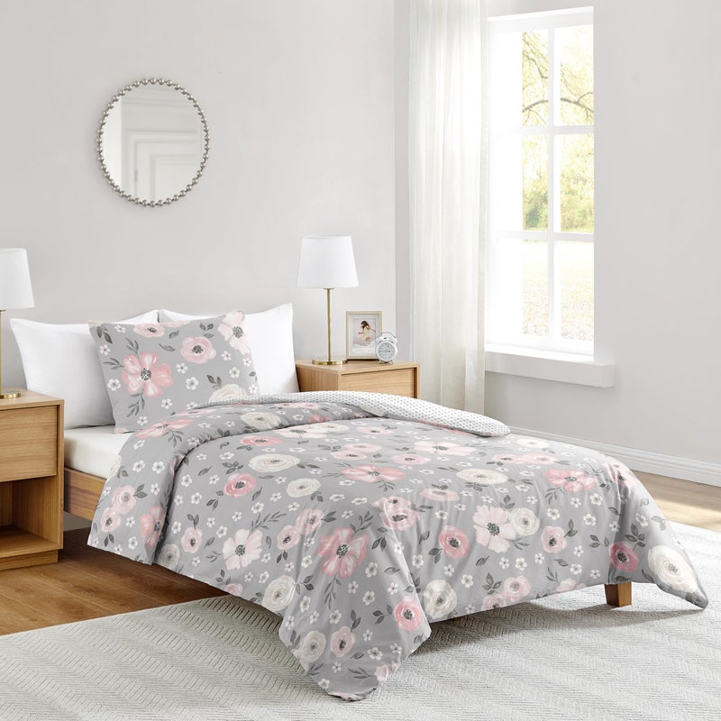 Sweet Jojo Designs Sweet Jojo Designs 2Piece Twin Comforter Set Grey Watercolor Floral for Girls Teen Kids Bedding Bed in a Bag incl Blanket  Pillow Sham Shabby Chic Rose Flower Farmhouse Bohemian Polka Dot 
