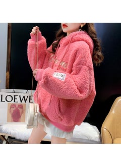 Generic Embroidered Lamb Wool Sweatshirt Womens Thick Fleece Lined Loose Fit Hooded Pullover Medium Length Top Winter 2024 New Style Pink  - Image 1