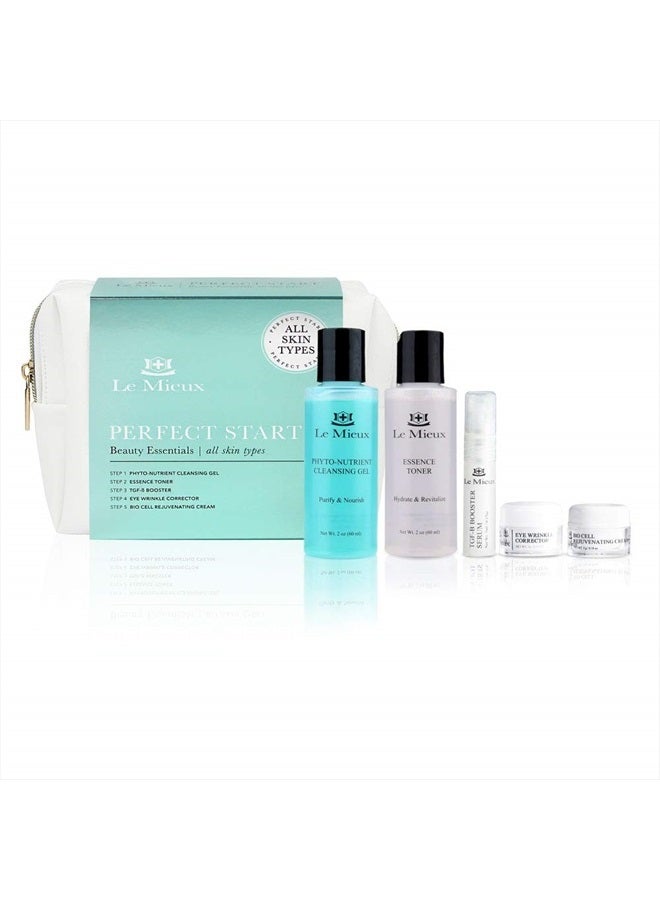 Le Mieux Perfect Start Beauty Essentials Set for Normal Skin - 5-Piece Facial Set - Phyto-Nutrient Cleansing Gel, Essence Toner, TGF-B Booster, Eye Wrinkle Corrector & Bio Cell Rejuvenating Cream - Image 1