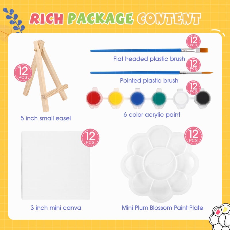 ESRICH 12 Set Mini Acrylic Paint Kit, Minis Stretched Canvas with Easel, Acrylic Paint Strips, Palettes, Painting Brushes, Mini Canvas and Easel Set for Kids Artists Beginner,Gift - Image 2
