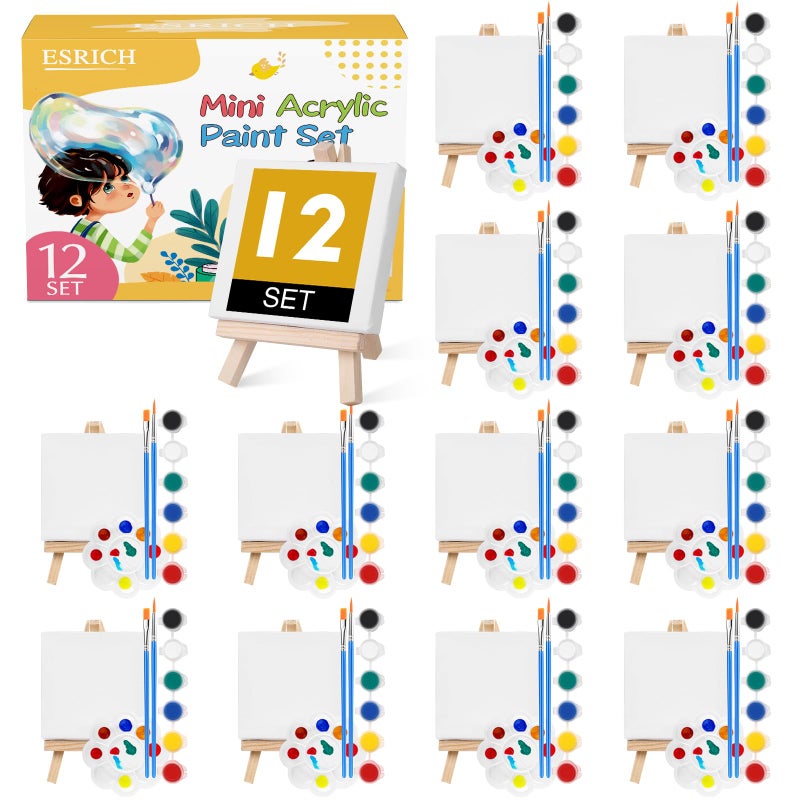 ESRICH 12 Set Mini Acrylic Paint Kit, Minis Stretched Canvas with Easel, Acrylic Paint Strips, Palettes, Painting Brushes, Mini Canvas and Easel Set for Kids Artists Beginner,Gift - Image 1