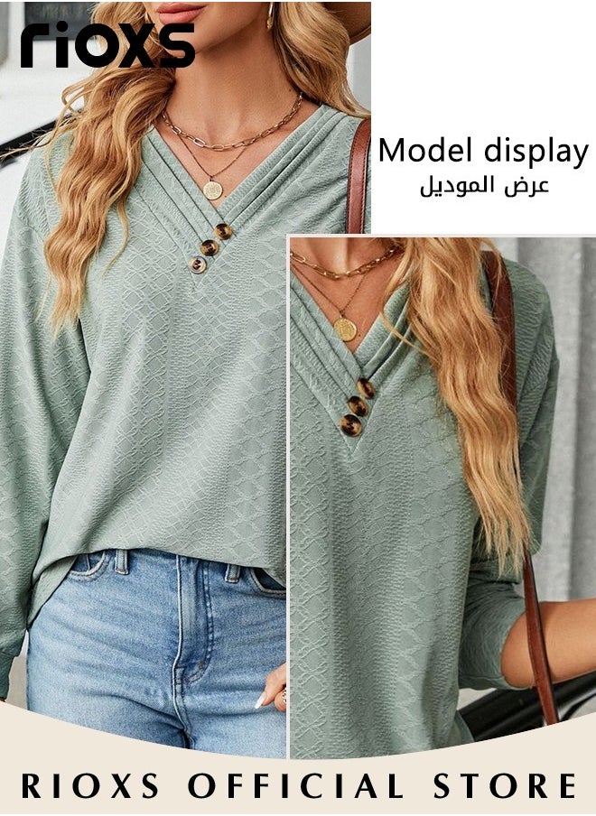 RIOXS - Womens Knitted Blouse,V-neck Long Sleeve Shirt,Classic Comfortable Tunic Tops,Elegant Loose Fit Blouses,Soft Pullover Shirt,Casual Loose Tunic Blouse For Everyday Formal And Other Occasions - Image 1