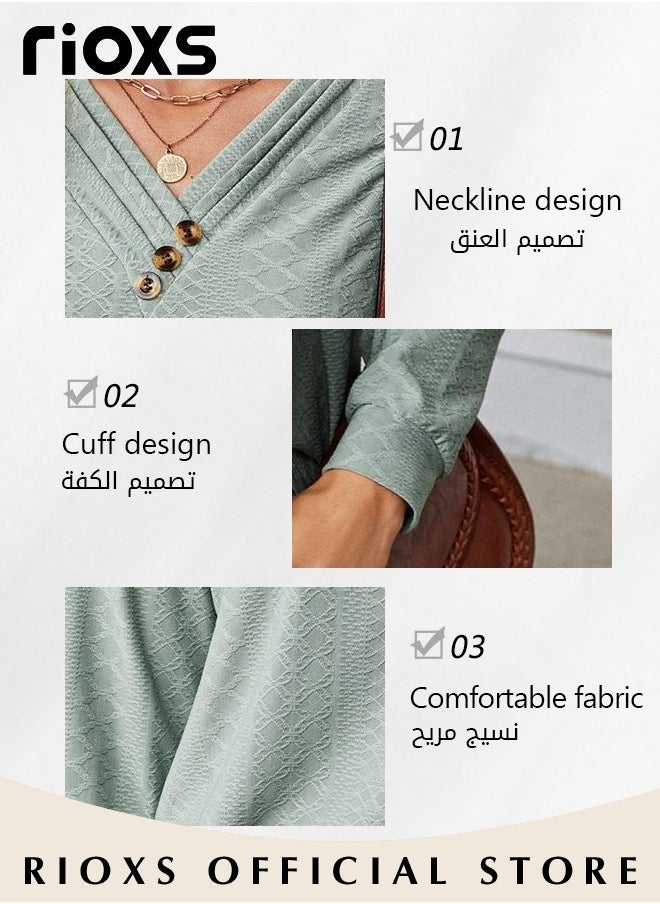 RIOXS - Womens Knitted Blouse,V-neck Long Sleeve Shirt,Classic Comfortable Tunic Tops,Elegant Loose Fit Blouses,Soft Pullover Shirt,Casual Loose Tunic Blouse For Everyday Formal And Other Occasions - Image 1