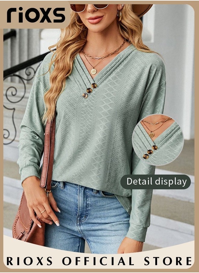 RIOXS - Womens Knitted Blouse,V-neck Long Sleeve Shirt,Classic Comfortable Tunic Tops,Elegant Loose Fit Blouses,Soft Pullover Shirt,Casual Loose Tunic Blouse For Everyday Formal And Other Occasions - Image 1