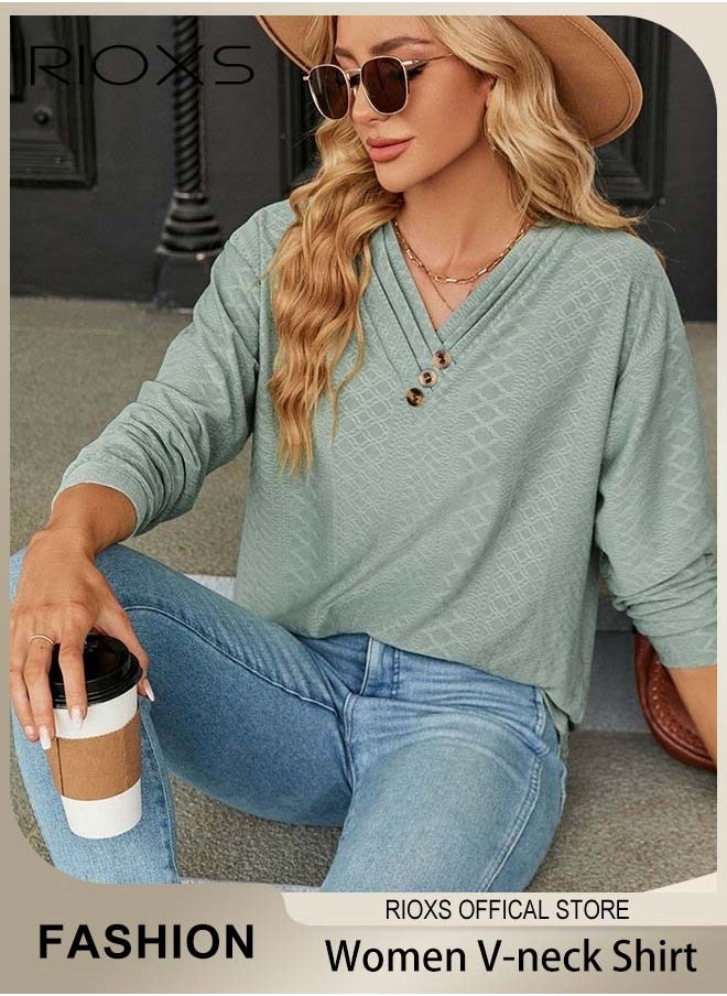 RIOXS - Womens Knitted Blouse,V-neck Long Sleeve Shirt,Classic Comfortable Tunic Tops,Elegant Loose Fit Blouses,Soft Pullover Shirt,Casual Loose Tunic Blouse For Everyday Formal And Other Occasions - Image 1