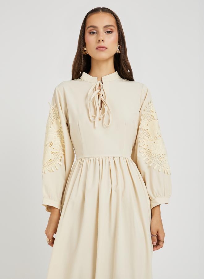 Take Two Solid Lace Derail Balloon Sleeve Midi Dress with Tie-Up Detail - Image 3
