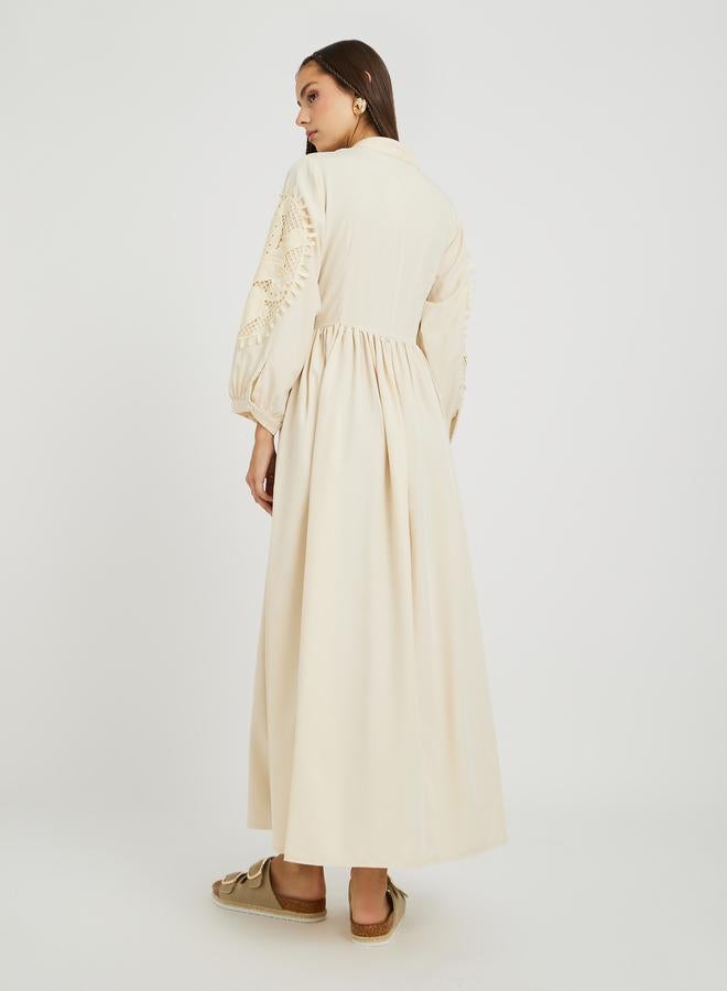 Take Two Solid Lace Derail Balloon Sleeve Midi Dress with Tie-Up Detail - Image 5