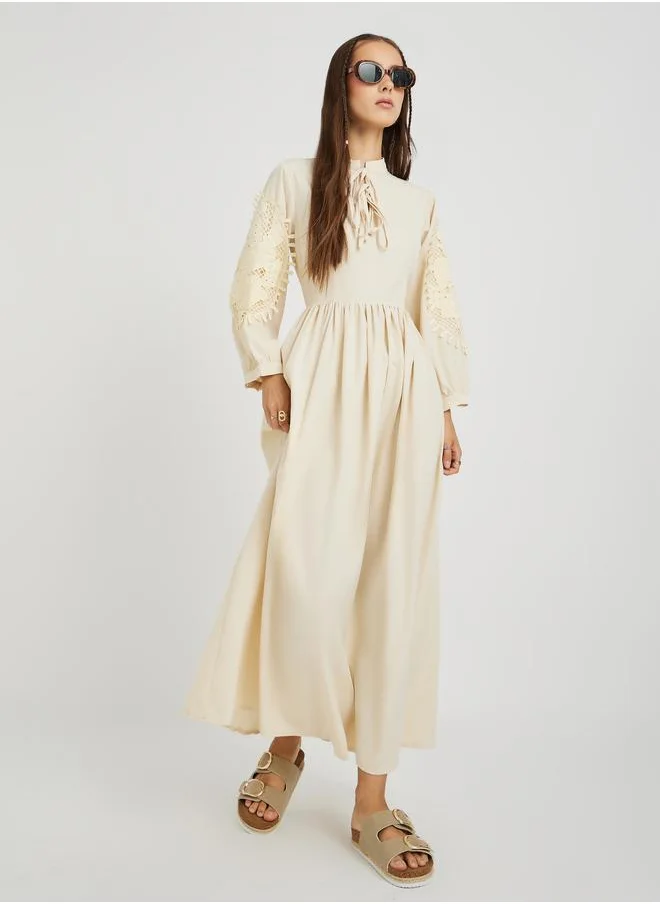 تايك تو Take Two Solid Lace Derail Balloon Sleeve Midi Dress with Tie-Up Detail