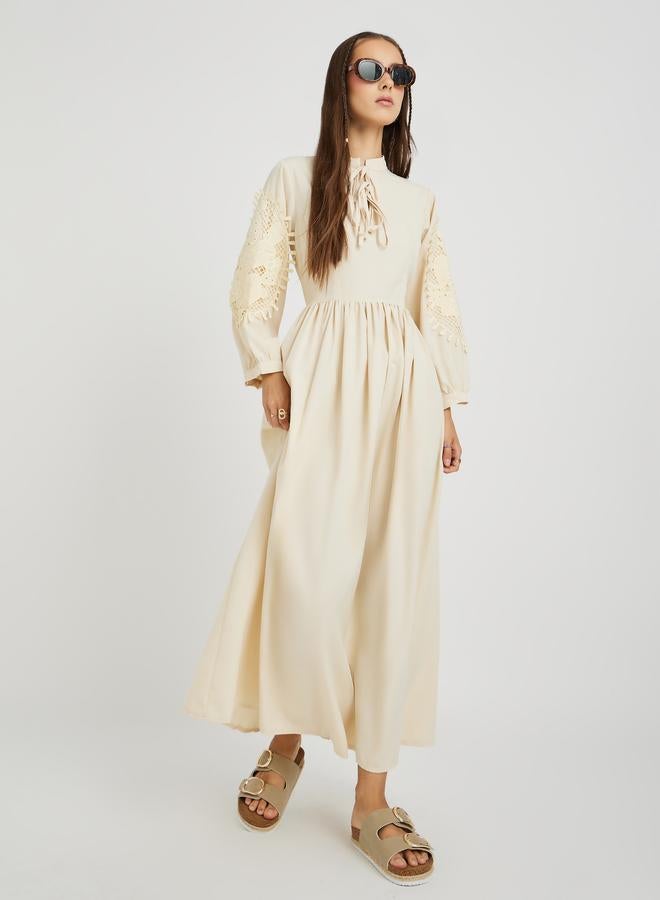 Take Two Solid Lace Derail Balloon Sleeve Midi Dress with Tie-Up Detail - Image 2