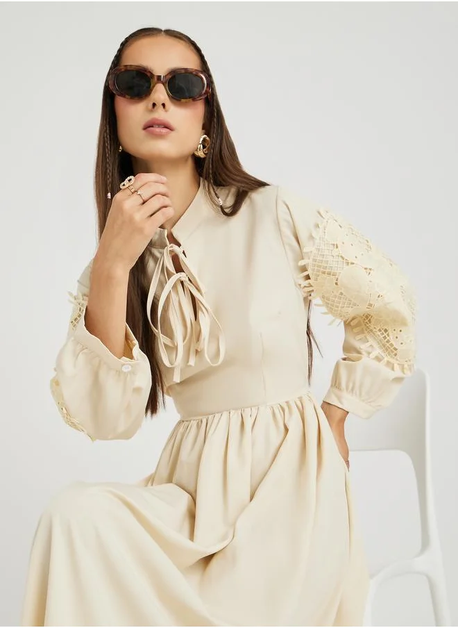 تايك تو Take Two Solid Lace Derail Balloon Sleeve Midi Dress with Tie-Up Detail