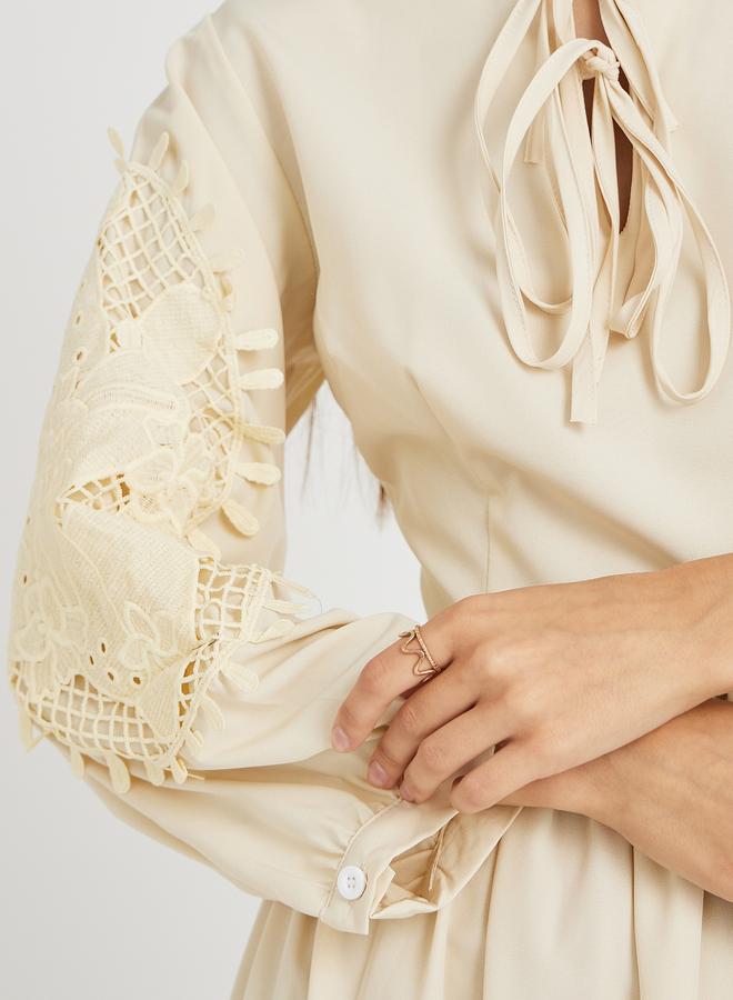 Take Two Solid Lace Derail Balloon Sleeve Midi Dress with Tie-Up Detail - Image 4