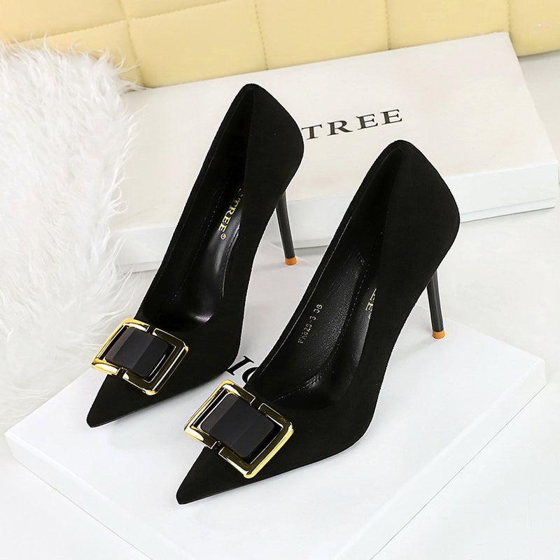 825-K57 Style Fashion High Heels Women'S Shoes Stiletto Shallow Mouth Pointed Toe Suede Metal Buckle Decorative Flats For Women - Image 4