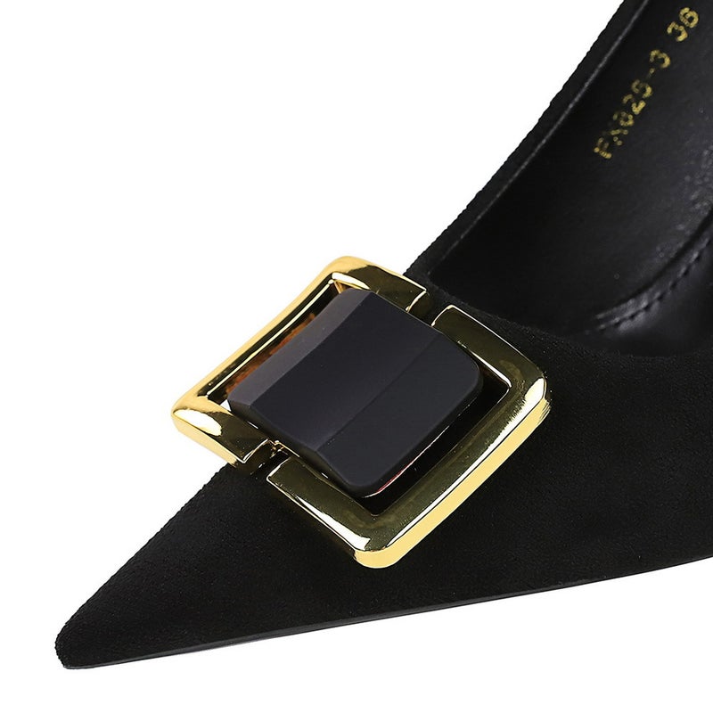 825-K57 Style Fashion High Heels Women'S Shoes Stiletto Shallow Mouth Pointed Toe Suede Metal Buckle Decorative Flats For Women - Image 5