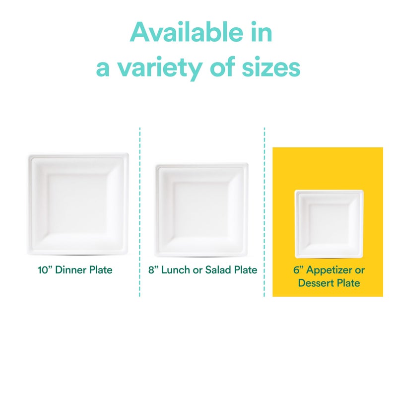 ECO SOUL 6 Inch Compostable Disposable Paper Plates [100 Pack] Food Safe 100% Virgin Bagasse Pulp Heavy Duty Microwave Safe Small Square Dessert Appetizer Plate for Party, Picnic & BBQ (White) - Image 5