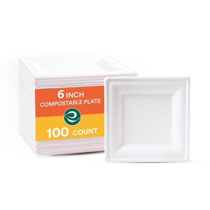 ECO SOUL 6 Inch Compostable Disposable Paper Plates [100 Pack] Food Safe 100% Virgin Bagasse Pulp Heavy Duty Microwave Safe Small Square Dessert Appetizer Plate for Party, Picnic & BBQ (White) - Image 1