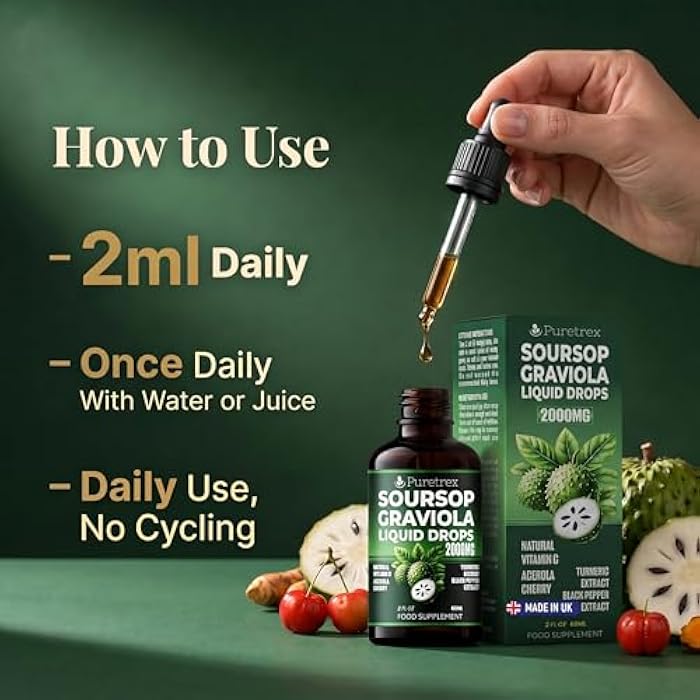 Puretrex Soursop Graviola Liquid Drops 2000mg, Bitters Complex with Acerola Cherry, Turmeric and Black Pepper Extract, Fast Absorption Botanical Formula, Alcohol Free, 60mL 2 fl oz - Image 4