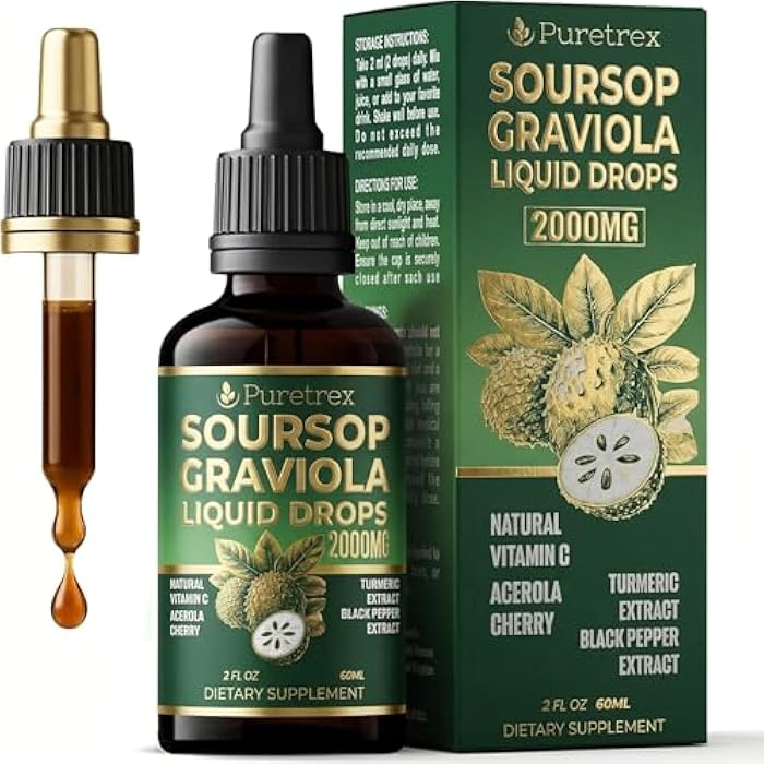 Puretrex Soursop Graviola Liquid Drops 2000mg, Bitters Complex with Acerola Cherry, Turmeric and Black Pepper Extract, Fast Absorption Botanical Formula, Alcohol Free, 60mL 2 fl oz - Image 1
