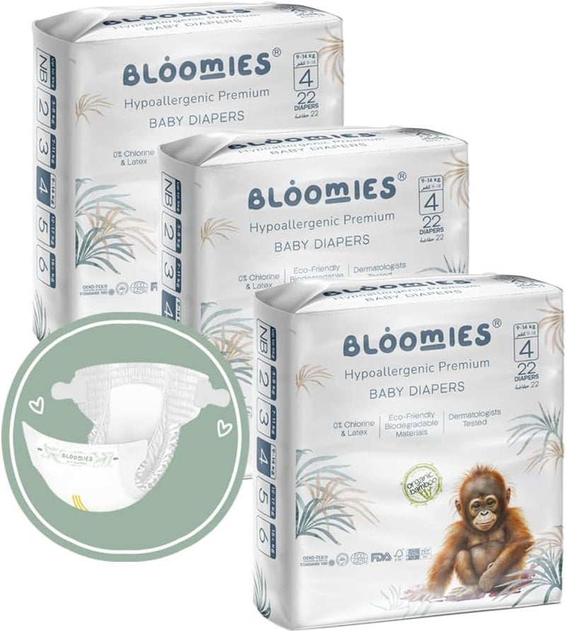 Bloomies Premium Baby Diapers Size 2,3,4, Counts 22,40,66,120, Wetness Indicator Eco-friendly and Hypoallergenic Ultra-soft Nappy Diaper Skin Friendly, Leakage Protection,100% Organic Natural Bamboo - Image 1