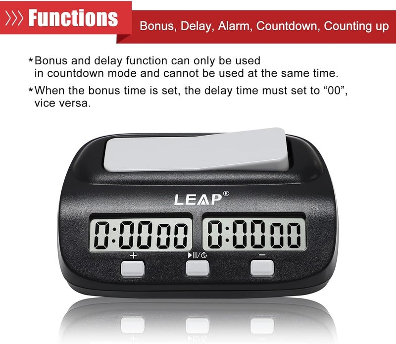 LEAP Chess Clock Digital Chess Timer Professional for Board Games Players Count Up/Down Timer with Alarm Function Black (Official Store) - Image 2