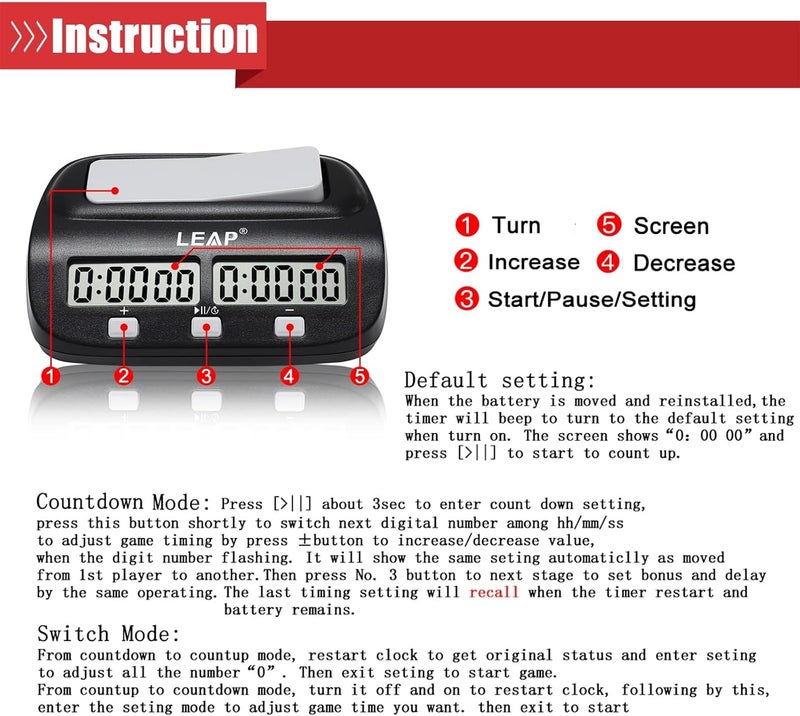 LEAP Chess Clock Digital Chess Timer Professional for Board Games Players Count Up/Down Timer with Alarm Function Black (Official Store) - Image 3