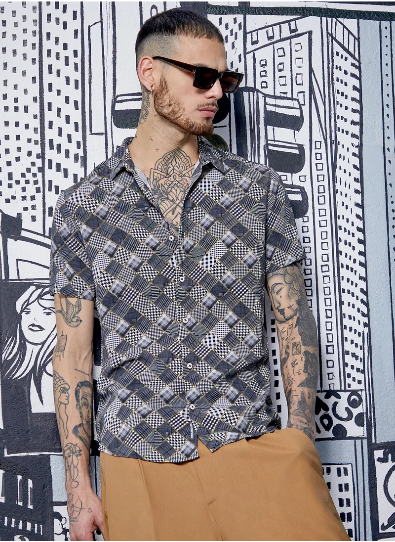 Campus Sutra Men's Black:White Herringbone Plaid Block Shirt