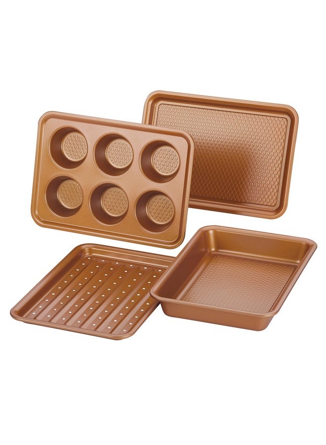 اييشا طقم فرن محمصة غير لاصق من آيشا كاري مع صينية خبز غير لاصقة، صينية خبز، صينية مافن، صينية كب كيك - 4 قطع، لون بني نحاسي - Image 1