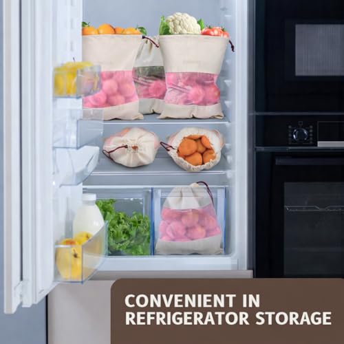 Solitude Set of 6 Cotton Vegetable Bags Fridge Storage Bag Sabji Fruits Pouch Refrigerator Produce Muslin Reusable Washable & Multipurpose use Cloth Bags with Drawstrings - Image 5