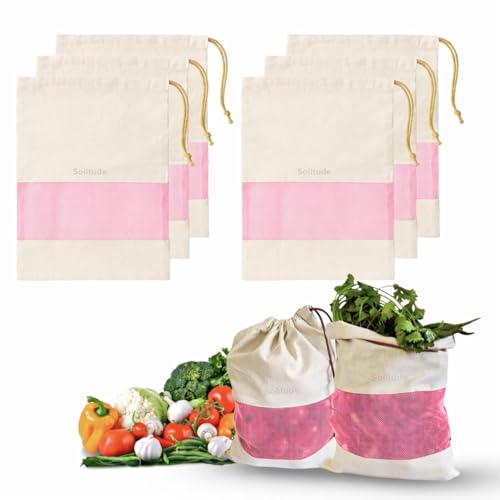 Solitude Set of 6 Cotton Vegetable Bags Fridge Storage Bag Sabji Fruits Pouch Refrigerator Produce Muslin Reusable Washable & Multipurpose use Cloth Bags with Drawstrings - Image 1