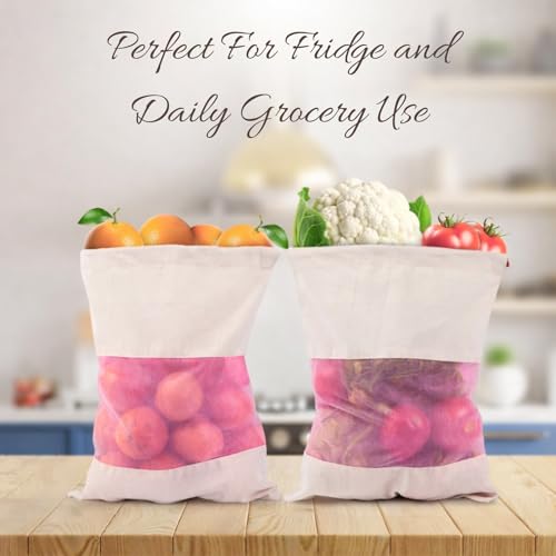 Solitude Set of 6 Cotton Vegetable Bags Fridge Storage Bag Sabji Fruits Pouch Refrigerator Produce Muslin Reusable Washable & Multipurpose use Cloth Bags with Drawstrings - Image 3