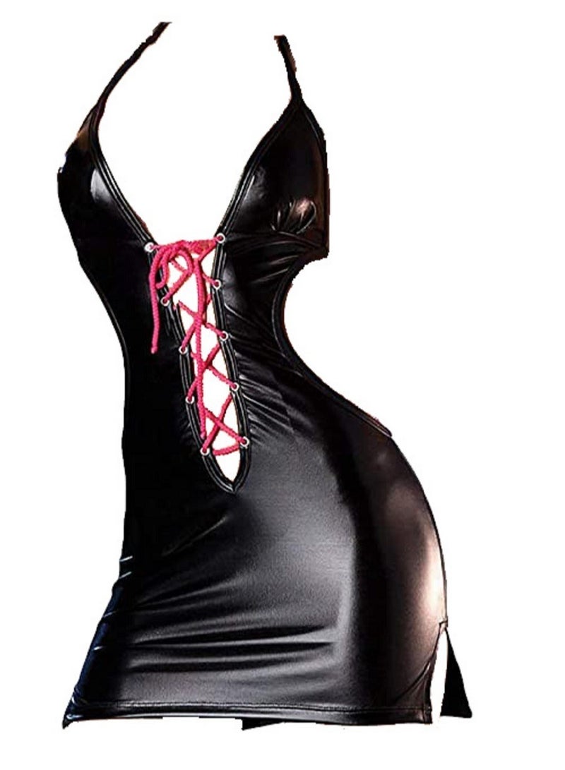 Women PU Leather Sleeveless Cut Out Criss Cross Back Party Mini Cami Dress. - Image 1