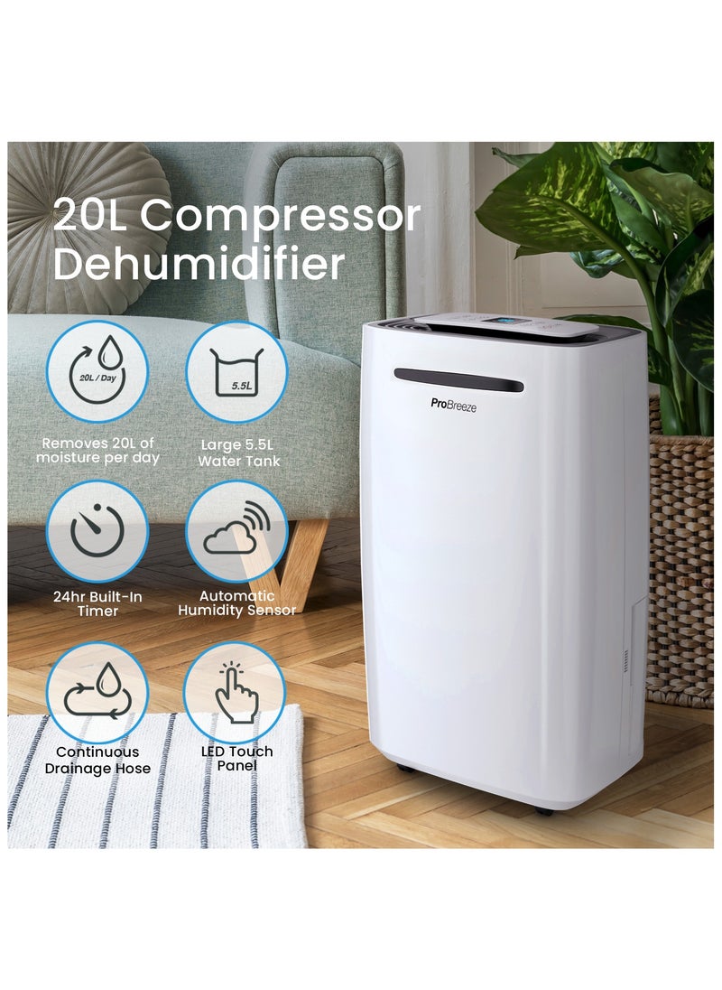 Pro Breeze - 20L/Day Dehumidifier with Digital Humidity Display, Sleep Mode, Continuous Drainage, Laundry Drying and 24 Hour Timer - Ideal for Damp and Condensation - Image 1