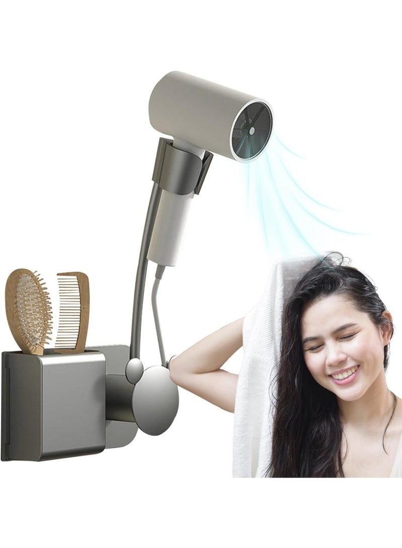 Hihonor Wall Mounted Hair Dryer Holder, Rotating Adjustable Arm Blow Dryer Holder Stand with Storage Space, Detachable Shower Caddy Bathroom Accessories - Image 1