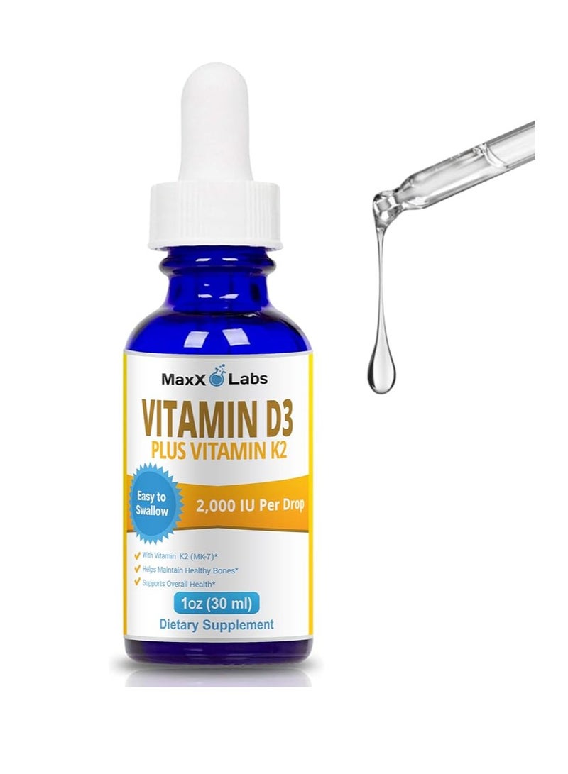MaxX Labs Vitamin D3 K2 Liquid Drops for Healthy Bones, Heart & Immune Health 1 oz
