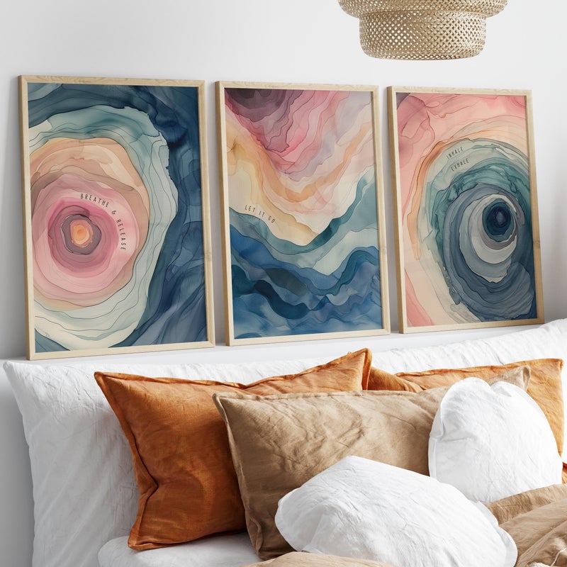 TNESSENTIAL Breathing In Let It Go Wellness Quotes Swirly Watercolor Wall Art, Set of 3 Abstract Poster, Calm Motivational Quotes Colorful Canvas Print - Image 1