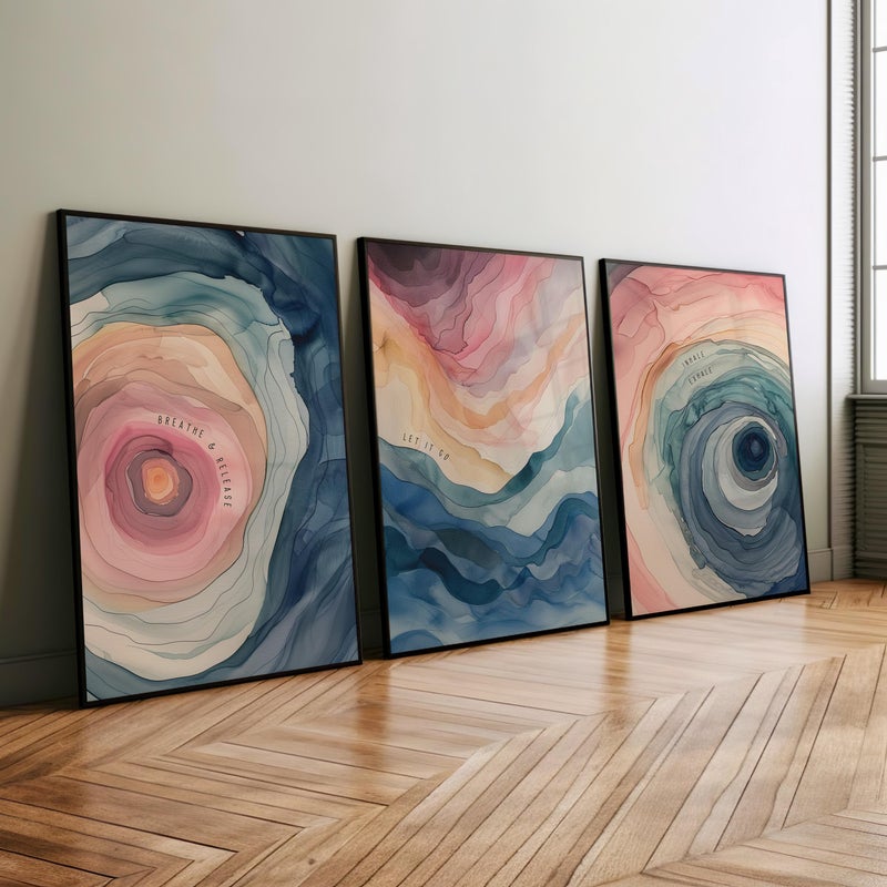 TNESSENTIAL Breathing In Let It Go Wellness Quotes Swirly Watercolor Wall Art, Set of 3 Abstract Poster, Calm Motivational Quotes Colorful Canvas Print - Image 4