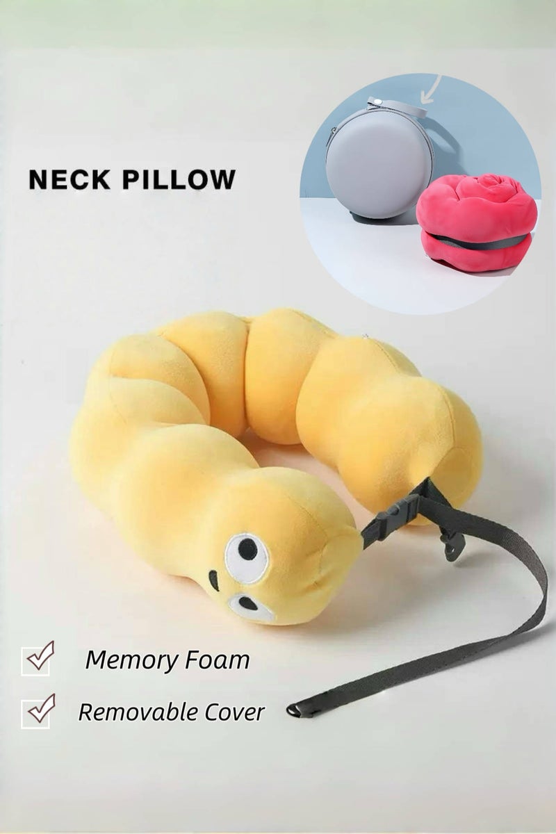 Loquat Cute Yellow Memory Foam Neck Pillow – Foldable, Comfortable, Removable Cover, with Storage Box for Easy Travel - Image 1