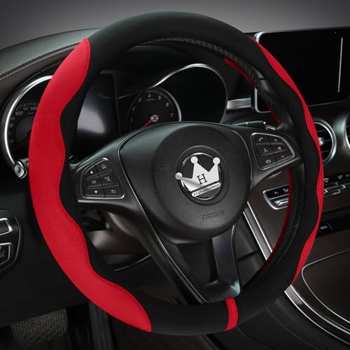 HighnessHwoo Luxury Suede Steering Wheel Cover for Cars, Soft Leather Padded Wheels Cover for Sedan, SUV, Auto Interior Accessories, Thin Car Handle Cover, Universal Fit, Anti Slip, 14-15in, Red - Image 2